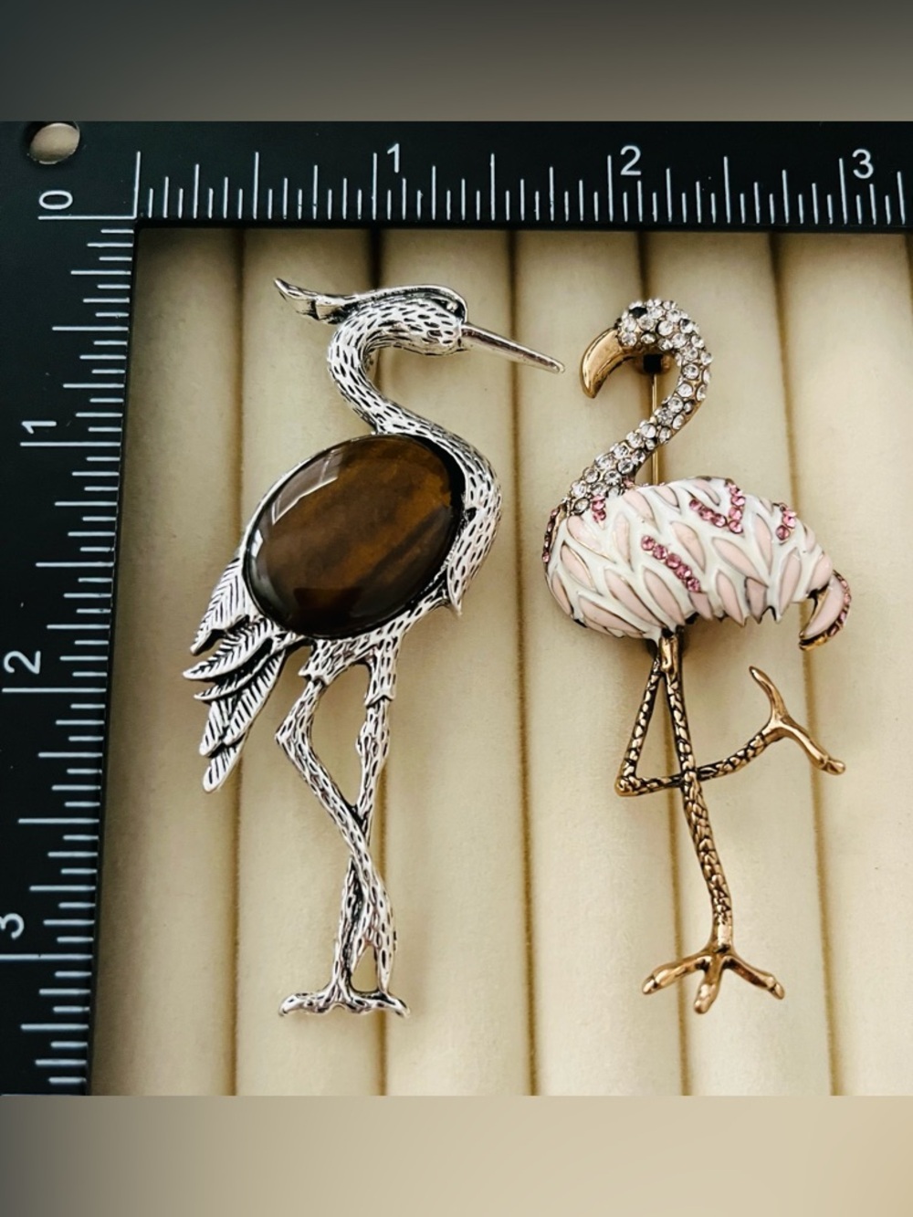 Lot of 2 Flamingo Brooch Pins Rhinestone Enamel Tropical Bird Figural